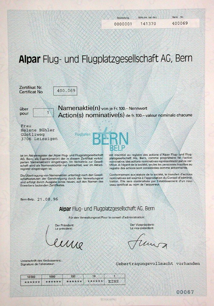 Documenti: Alpar Flug- und Flugplatzgesellschaft AG - 1997 – Usato da Solothurn venduto da Sgasche