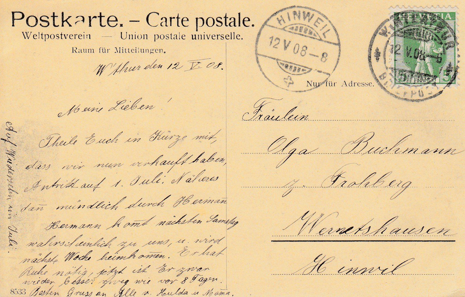 Ansichtskarten: Winterthur  ZH  -   Stadthaus       um 1908 – Gebraucht aus Brig von Valcards54 1
