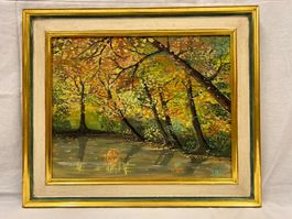 Schönes Ölbild, Herbst im Wald und See Landschaft SIGNIERT