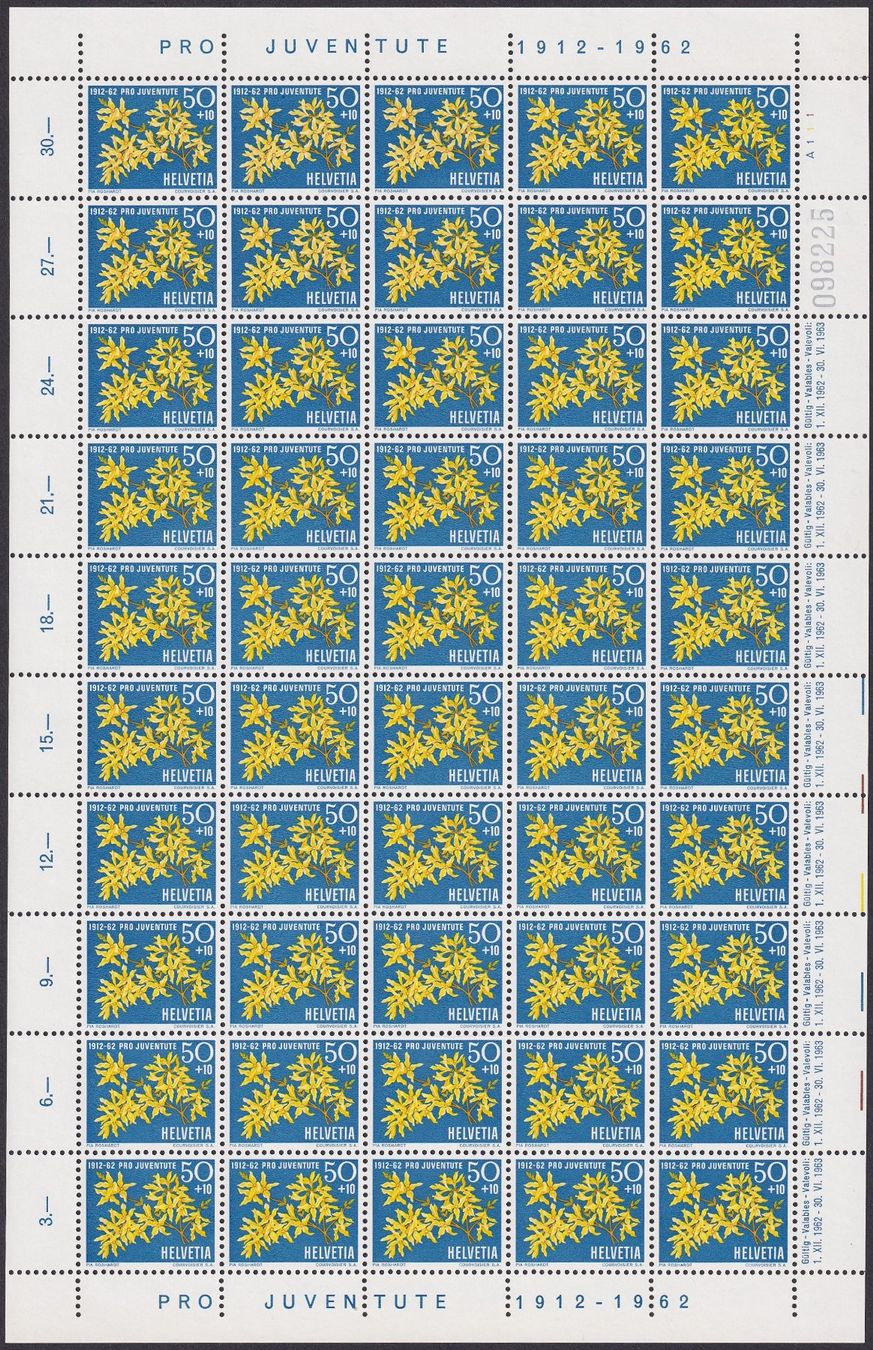 Alle Briefmarken: 1962, J197 Bogen (Forsythie) postfrisch **. Koplettbogen ! – Gebraucht aus Sursee von Luzernerraute