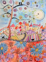 Original Aquarell das Dorf hinter der roten Wiese Bild