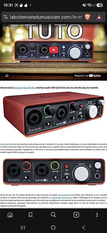 Equipement studio: Focusrite Scarlett 2i2  Interface audio USB – D'occasion à Pampigny par Ocin79 1