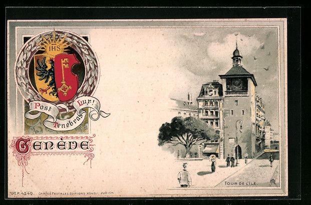 Cartoline postali: Genève, Tour de l'Ile, Stadtwappen – Usato da Berlin venduto da bartko-reher