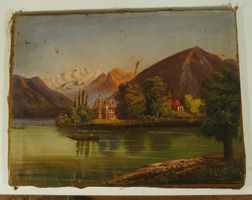 Landschaft am See sehr altes Gemälde Oel auf Leinen