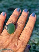 Natural 16cts Chrysoprase & White Sapphire Black SS925 Ring