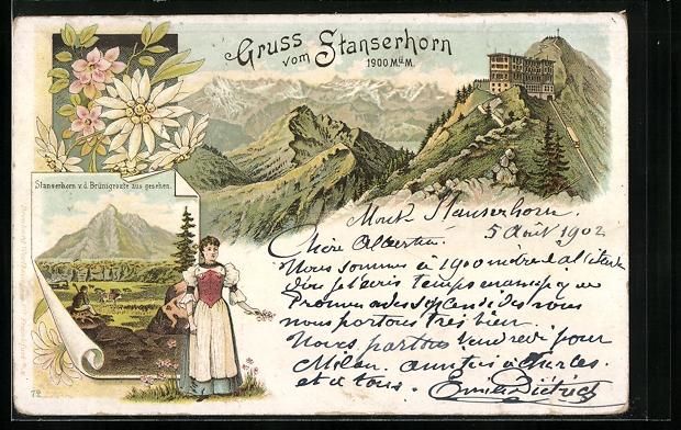 Cartoline postali: Litho Stanserhorn, Hotel mit Bergbahn, P – Usato da Berlin venduto da bartko-reher