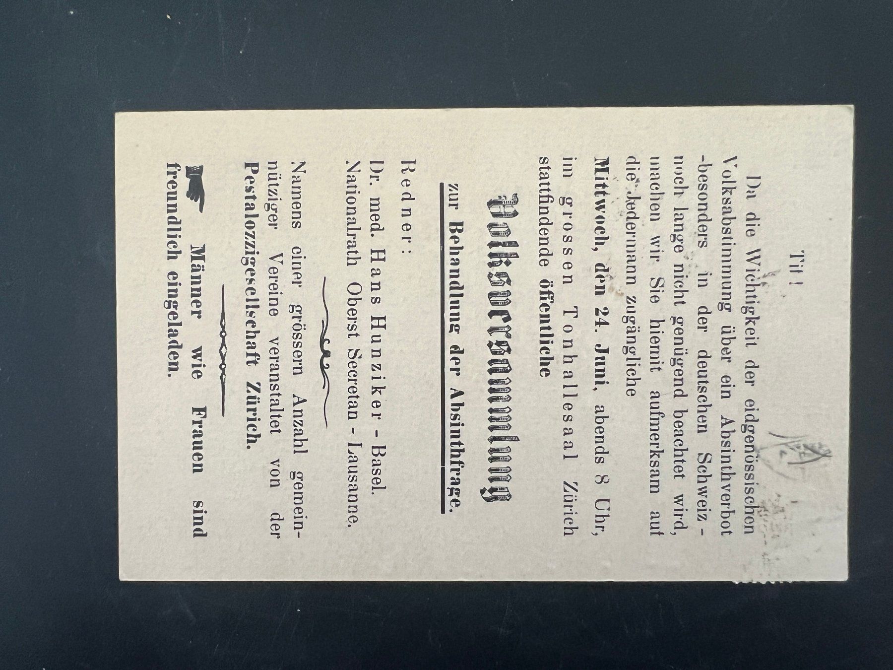 Cartoline postali: AK 1908 Einladung Absinthverbot Postkarte   (G448) – Usato da Hinwil venduto da Sidi4 1