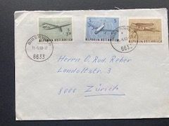Brief mit Flugfrankatur aus Oesterreich nach Zürich von 1968
