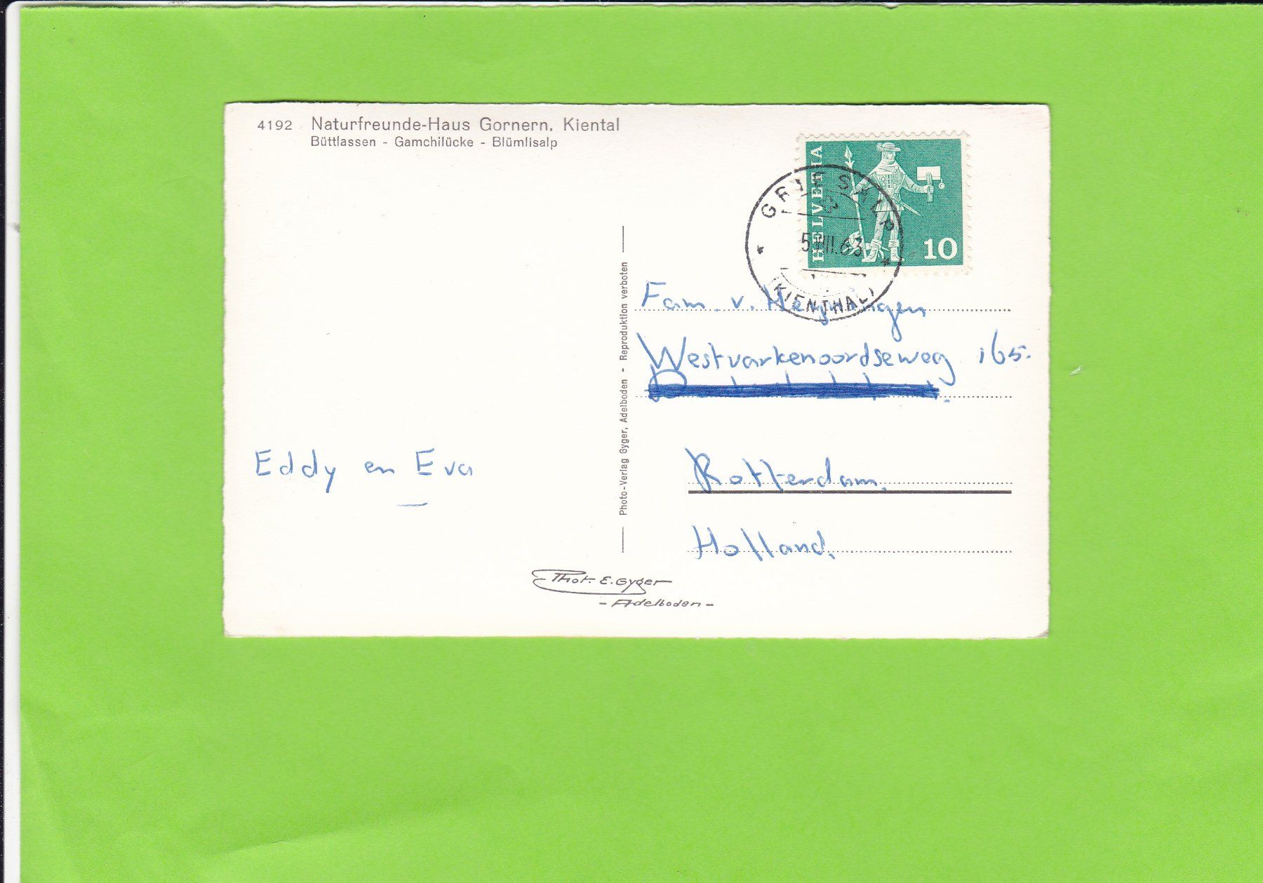 Cartoline postali: 4192 Naturfreundehaus Gornern, Kiental – Usato da St. Peterzell venduto da neckertal 1