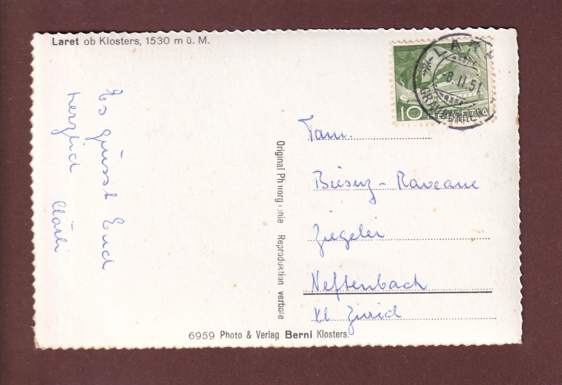 Cartoline postali: LARET ob Klosters - 1951 – Usato da Pully venduto da nicecards 1