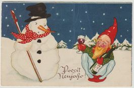 Zwerg und Schneemann, Künstlerkarte um 1930, Neujahrskarte