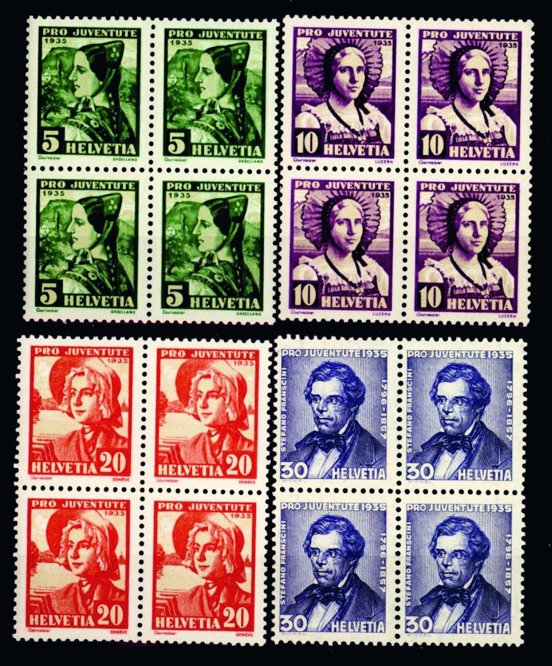 Alle Briefmarken: 1935, Pro Juventute, Viererblöcke ** – Neu (gemäss Beschreibung) aus Willisau von Vollstempel