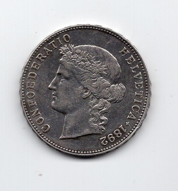 Tutti le monete: (1176) Schweiz, 5 Franken 1892, fast stgl – Usato da Rüthi (Rheintal) venduto da erdnuessli1 1