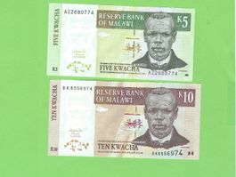 Malawi Banknoten 5 und 10 Kwacha, Top Zustand, Rarität!