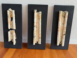 Triptich Kunstobjekt Keramik auf Holz stillvoll und zeitlos