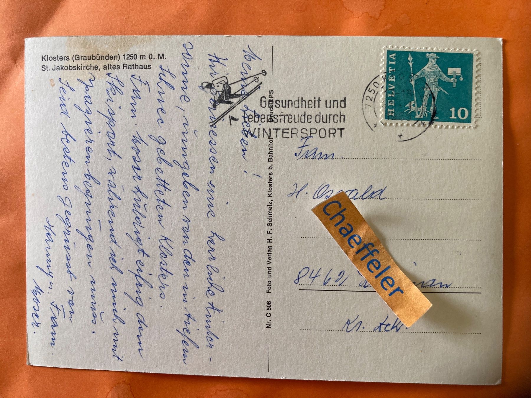 Cartoline postali: 1965 Klosters, St. Jakobskirche, altes Rathaus. – Usato da Zürich venduto da Chaeffeler 1