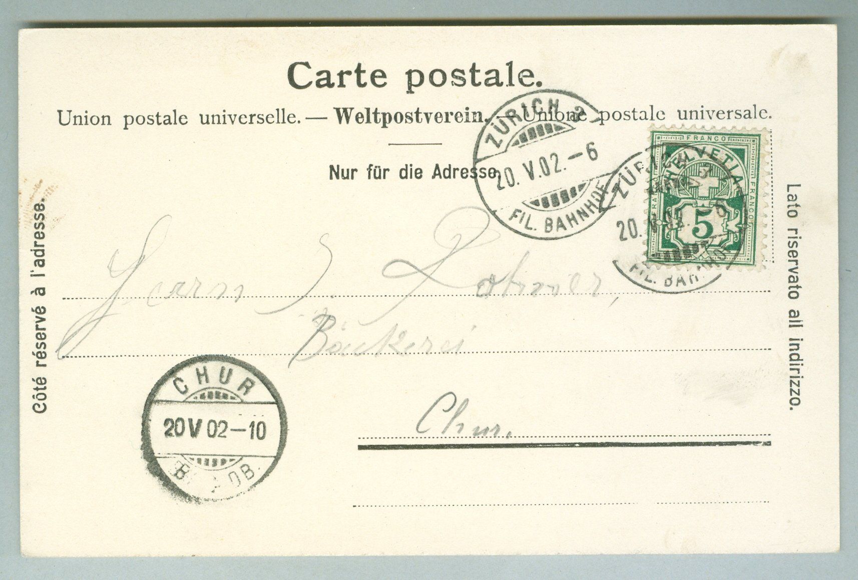 Ansichtskarten: 1902 Schweiz AK Kt zH – Gebraucht aus Zürich von yago-rot 1