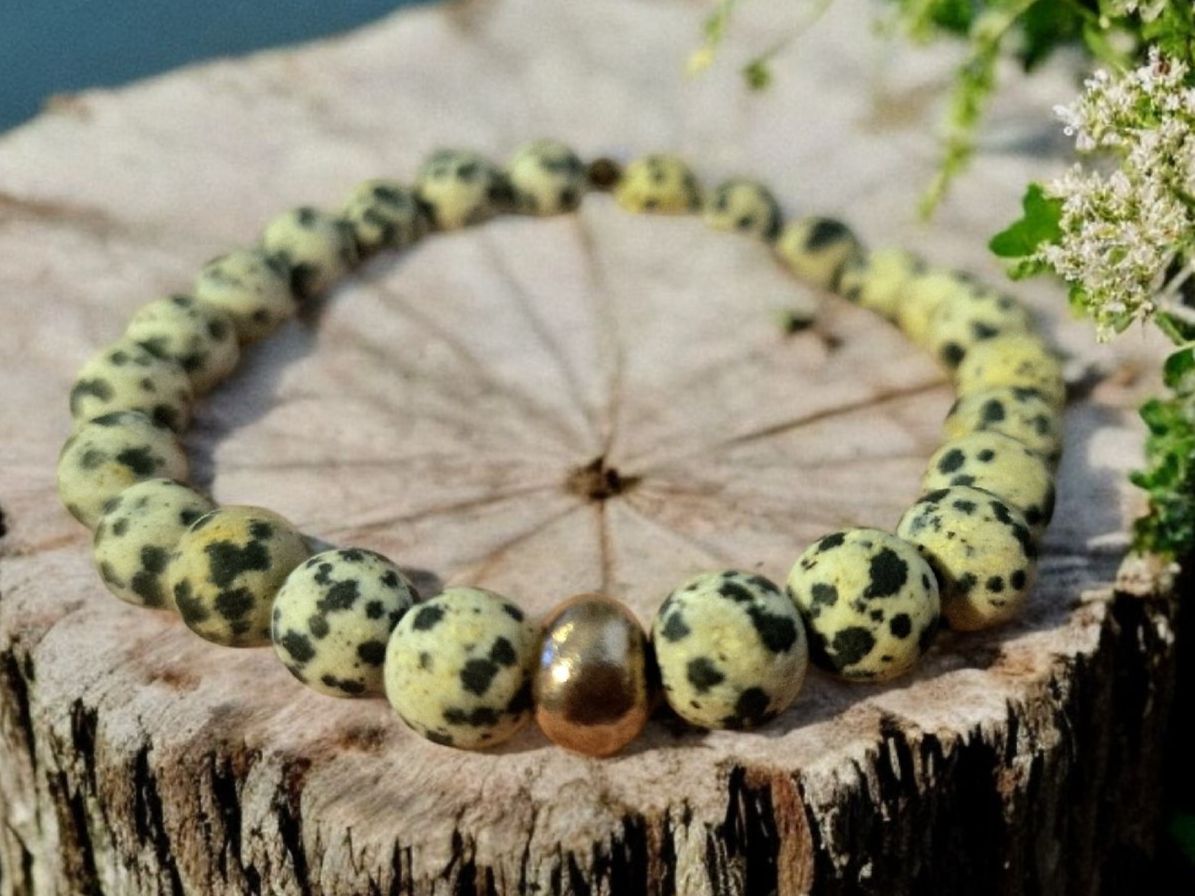 Bracciali & Braccialetti: Armband Dalmatiner-Jaspis & Kupferperle – Nuovo e nell'imballaggio originale da Aarau venduto da Schmuckhoehle_MD 4