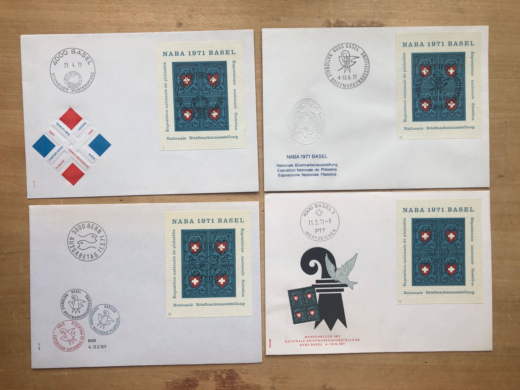 Tutti i francobolli: NABA 1971 BASEL, 4 FDC (différentes-verschiedene) – Usato da Neuchâtel venduto da Atahuallpa