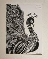 Handgezeichneter Pfau, Unikat, Acryl auf Leinwand