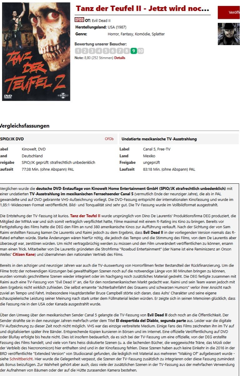 Tutti i DVDs: Seltene mexikanische TV-cut Version Horror Evil Dead  2 Dvd – Usato da Schlieren venduto da Moviepropde 1
