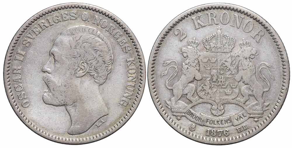 Tutti le monete: Schweden, 2 Kronor 1876 EB – Usato da Chiasso venduto da Novamarketing