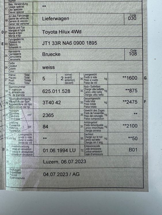 Toyota Hilux RN105 4x4 (Gebraucht) in Kirchdorf BE für CHF 6000 – nur ...