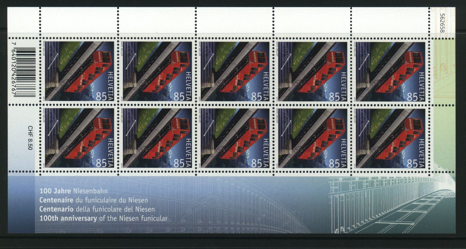 Tutti i francobolli: 2010, Sondermarken Bahnjubiläen, Kleinbogen ** – Usato da Willisau venduto da Vollstempel 1