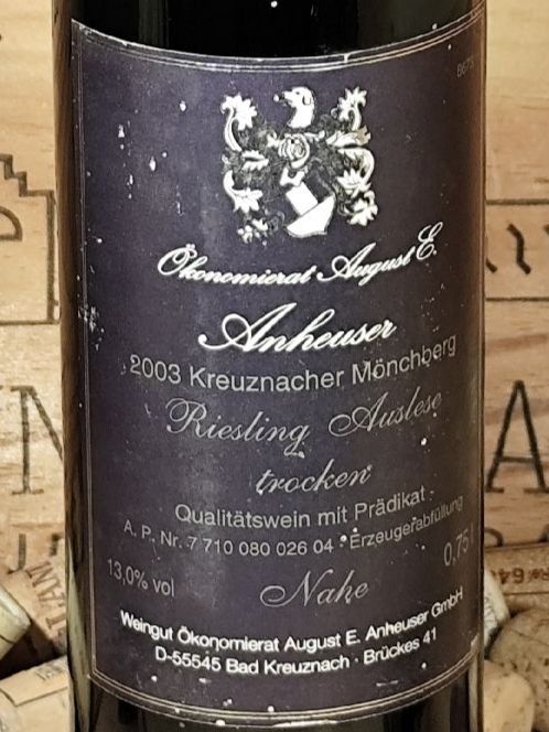 Vino: Riesling Auslese 2003 Oekonomierat Aug. E. Anheuser – Nuovo e nell'imballaggio originale da Büsserach venduto da Vintage-vins