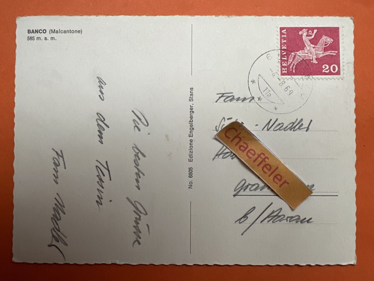 Cartoline postali: 1969 BANCO (Malcantone) – Usato da Zürich venduto da Chaeffeler 1