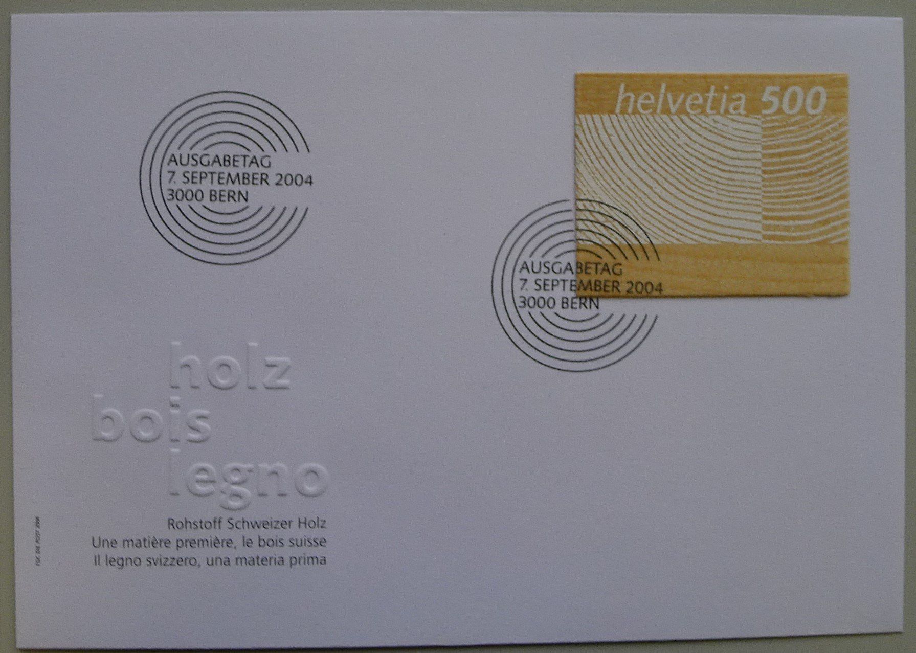 Tutti i francobolli: 2004, Nr.1133: HOLZBRIEFMARKEN: 4 FDC +2 PTT-Heftchen. – Usato da Sursee venduto da Luzernerraute 2