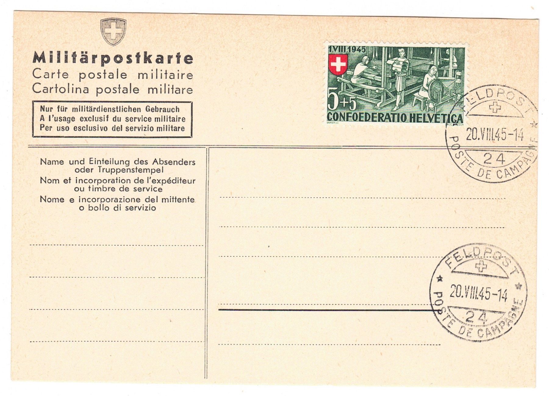 Alle Briefmarken: Carte postale militaire  le 20.VIII.45 – Gebraucht aus La Tour-de-Peilz von amjust