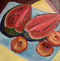 Sommerliches Gemälde: 3Wassermelone und Pfirsiche, 30x30cm