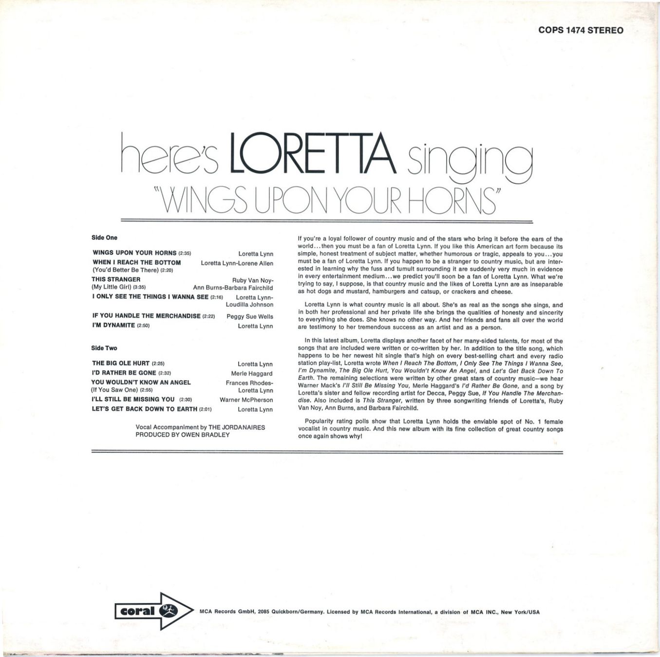 Dischi in vinile: LP - LORETTA LYNN Loretta Singing "Wings Upon Your Horns" – Usato da Morges venduto da evnocha3 1