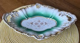 KPM Porz. Henkelschale oval Goldrand Farbverlauf grün