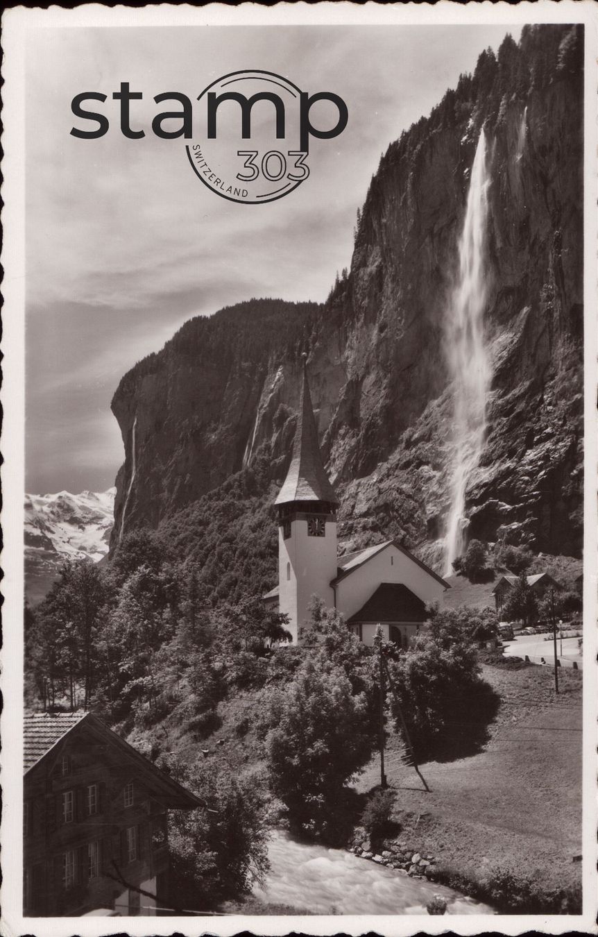 Ansichtskarten: AK Lauterbrunnen Kirche mit Staubbachfall – Gebraucht aus Eggersriet von stamp303