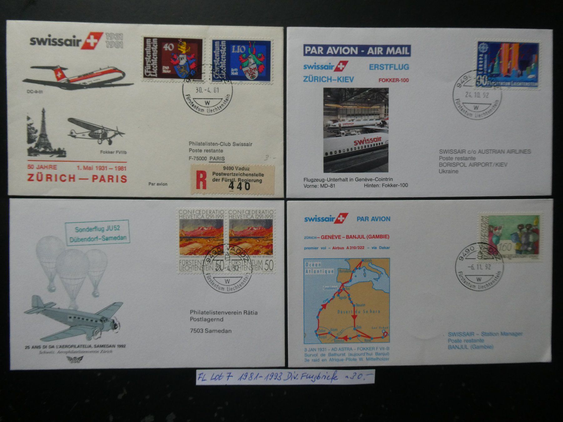 Tutti i francobolli: FL Lot 7 1981-1993 Diverse Flugbriefe – Usato da Lausen venduto da Herbamare01