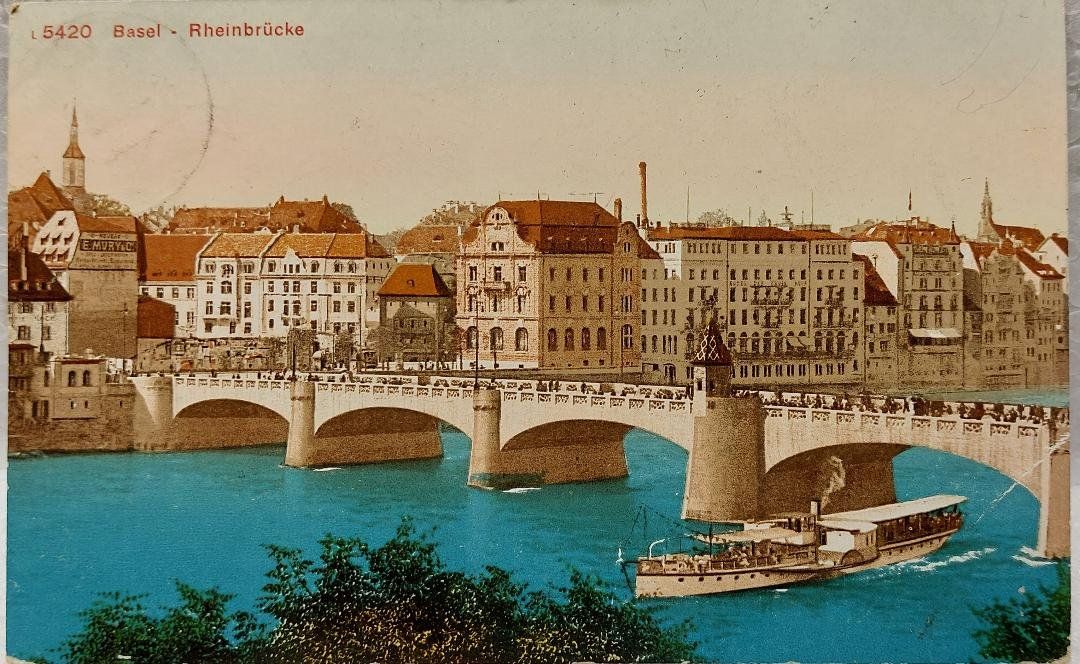 Cartoline postali: BASEL - Rheinbrücke mit Dampfschiff – Usato da Delémont venduto da Domdom1
