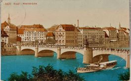 BASEL - Rheinbrücke mit Dampfschiff