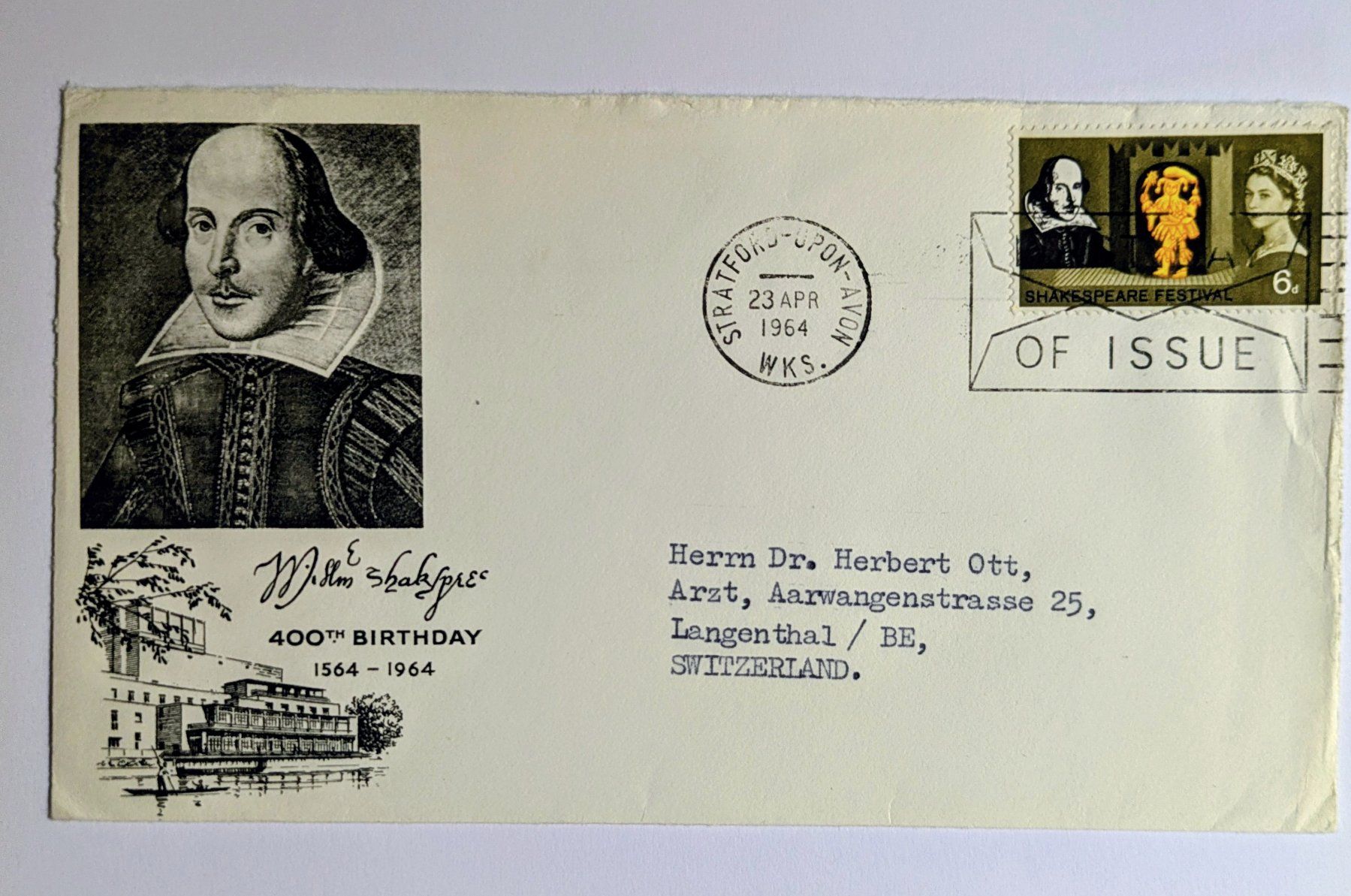 Tutti i francobolli: Shakespeare Brief Ersttagsbrief, 1964, – Usato da Madiswil venduto da Hglotz