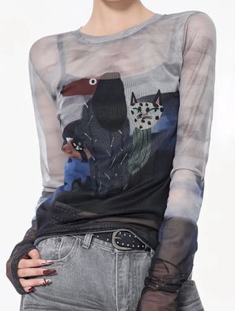 Chic Maglione in rete stampa animali grigia