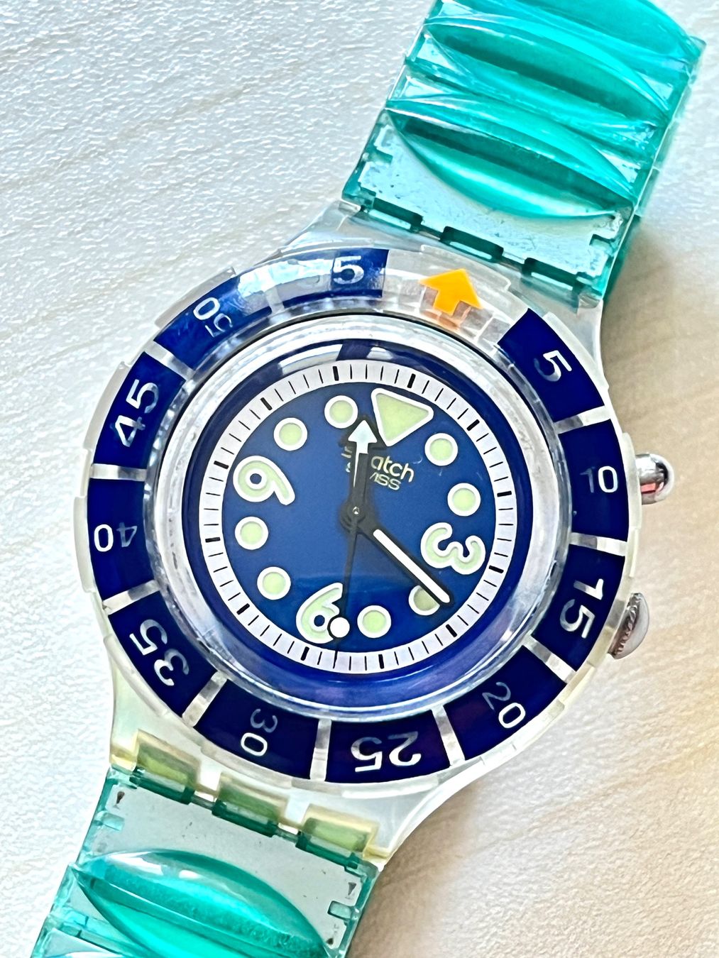 Swatch Orologi: Swatch Scuba Uhr Aqua Blue Armband – Usato da Grenchen venduto da chththl