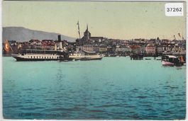 Geneve - Arrivee de bateau "Leman" Dampfschiff- Litho