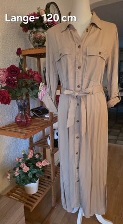 Shirt dress beige size M long sleeves belted pockets