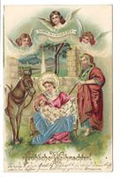 Fröhliche Weihnachten - Maria + Josef  Jesuskind Präge-Litho