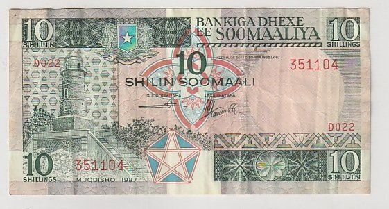 Banconote: 10 SCELLINI - ANNO 1987 - SOMALIA – Usato da CHIASSO venduto da Rochelle59.
