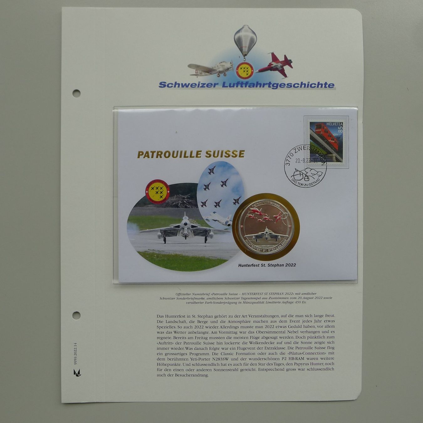 Tutti i francobolli: 2022, Patrouille Suisse Numisbrief "Hunterfest St. Stephan" – Usato da Sursee venduto da Luzernerraute 4