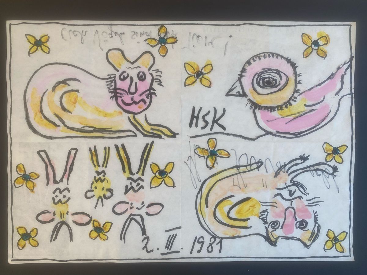 Tableaux: HANS KRÜSI CH 1981 KÜHE,KATZE,VOGEL UND HUND SERVIETTE – D'occasion à St. Gallen par Goldband 7