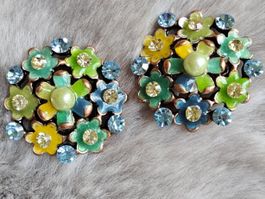 Vintage Strass blau grüne Email/Perle Ohrclips