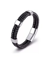 ARMBAND HERREN ELEGANT LEDER EDELSTAHL SCHWARZ SILBER